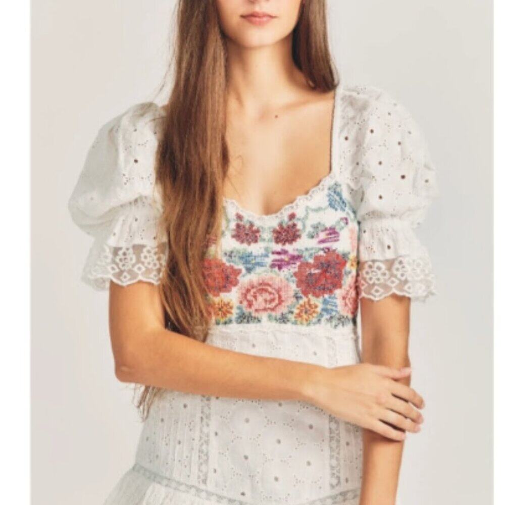 LoveShackFancy White Thressey Eyelet Mini Dress NWT Bride Rehearsal Bachelorette